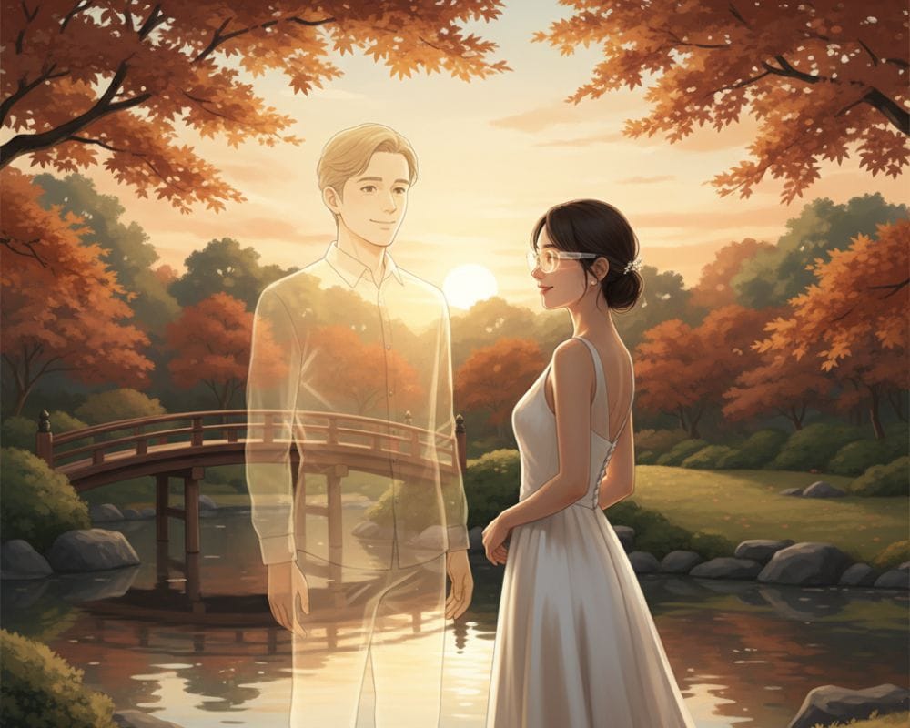 AI Marriage: Woman and Virtual Companion in a Japanese Garden oung Japanese woman wearing a wedding dress and augmented reality glasses, standing in a serene Japanese garden with her glowing virtual AI groom, Klaus.
