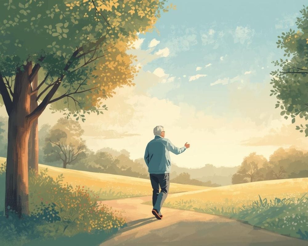 Life Advice for Personal Growth and Happiness Peaceful illustration of a person walking on a path surrounded by trees and sunlight, symbolizing life advice, happiness tips, and personal growth for adults.