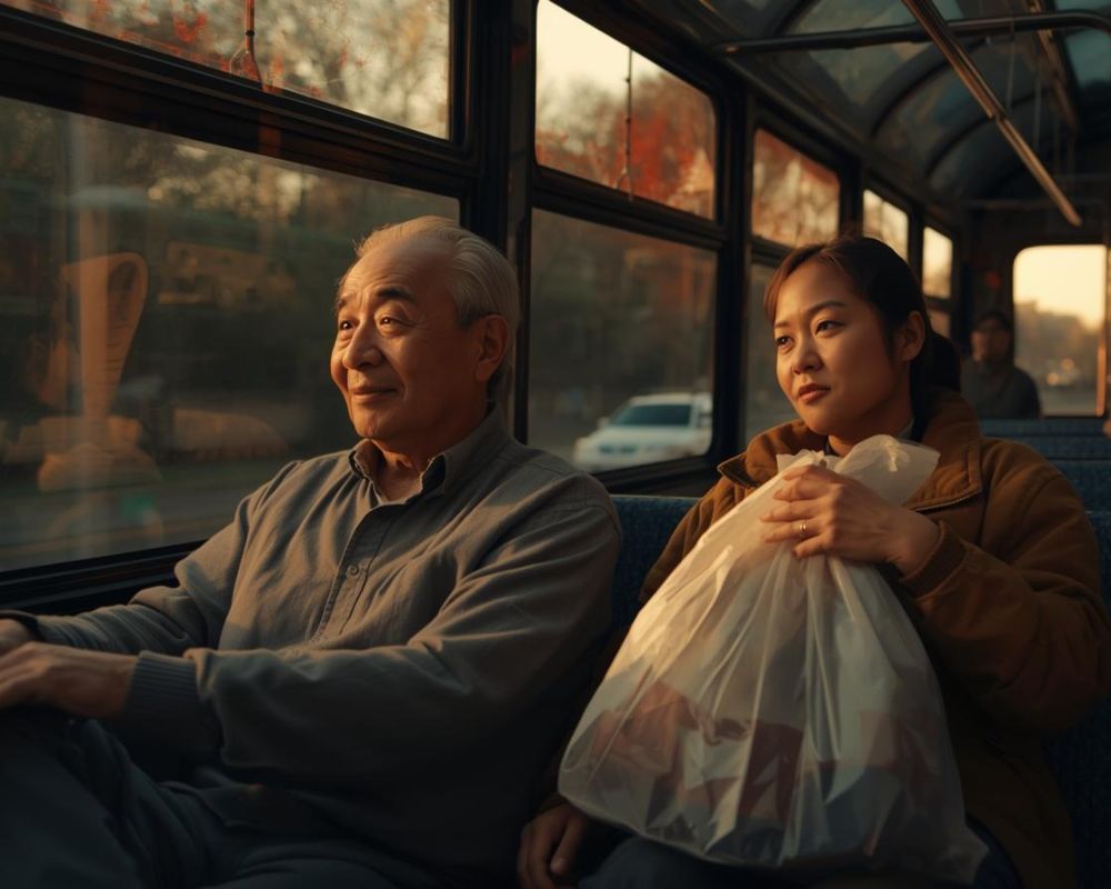 Life is Too Short – Older Man on Bus with Young Woman Carrying Grocery Bags An older man sitting calmly on a city bus while a young woman with grocery bags bumps into him, illustrating the story of patience, kindness, and the message that life is too short.