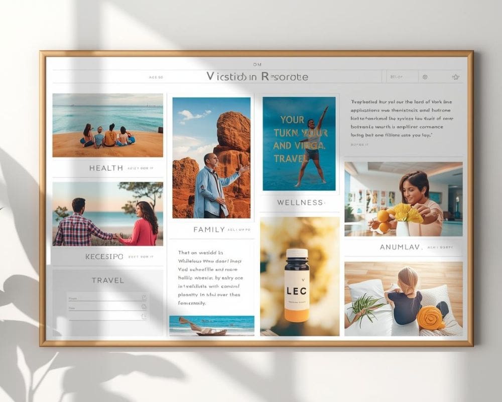 Midlife Vision Board Inspiration for Health, Travel, and Personal Goals Vision board for midlife readers showing health, happiness, family, travel goals, and personal growth inspiration.