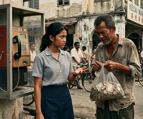 A young 1980s waitress in a clean checkered uniform standing by a red public payphone in Penang, demanding a coin from a man in weathered clothes who is holding a transparent plastic bag filled with coins and rolled-up bank notes.