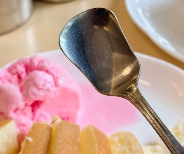 Penang Square Dessert Spoon Core Memory A nostalgic square metal dessert spoon for a banana split, a symbolic gift and childhood memory in Penang.