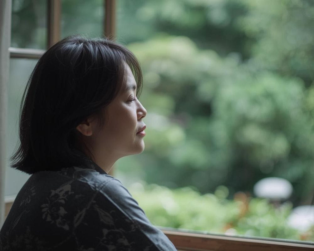 Grieving the Death of a Friend – Quiet Reflection and Healing After Loss A 50-year-old woman sits quietly by an open window overlooking a garden, reflecting on the death of a friend she never said goodbye to.